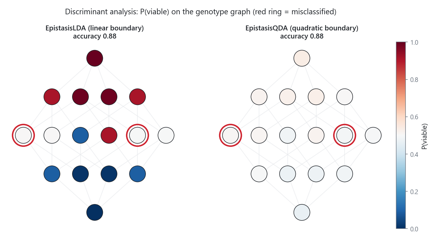 Predicted P(viable) on the genotype graph for LDA (linear boundary) and QDA (quadratic boundary); misclassified genotypes are ringed in red